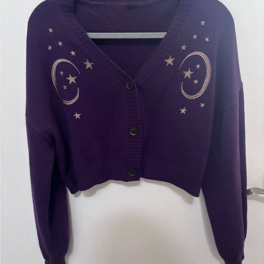 ROMWE Purple Cardigan with Star and Moon Embroidery